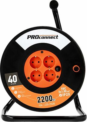 PROconnect 11-7606 Удлинитель силовой на катушке 4 гнезда с/з 40м 3х1мм² PROconnect
