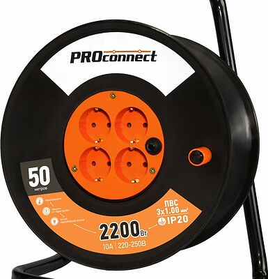 PROconnect 11-7607 Удлинитель силовой на катушке 4 гнезда с/з 50м 3х1мм² PROconnect