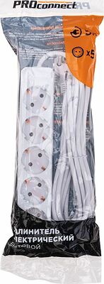 PROconnect 13-4213 Удлинитель 5 гнезд, 5м, 3х0,75мм², с/з, белый PROconnect