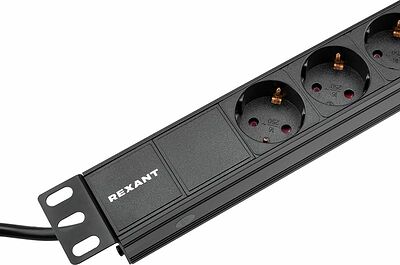 REXANT 04-0301-1 Блок распределения питания для 19 quot; шкафов, горизонтальный, 6 розеток СЕЕ 7/4, 10A, без выкл, алюм корп, шнур 2м, вилка C14 REXANT