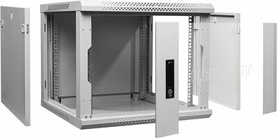 REXANT 04-0964-111 Настенный шкаф 19 quot; 9U 600×450×501 (ШxГxВ), дверь стекло, металлическая задняя стенка, боковые съемные стенки, RAL 7035 REXANT