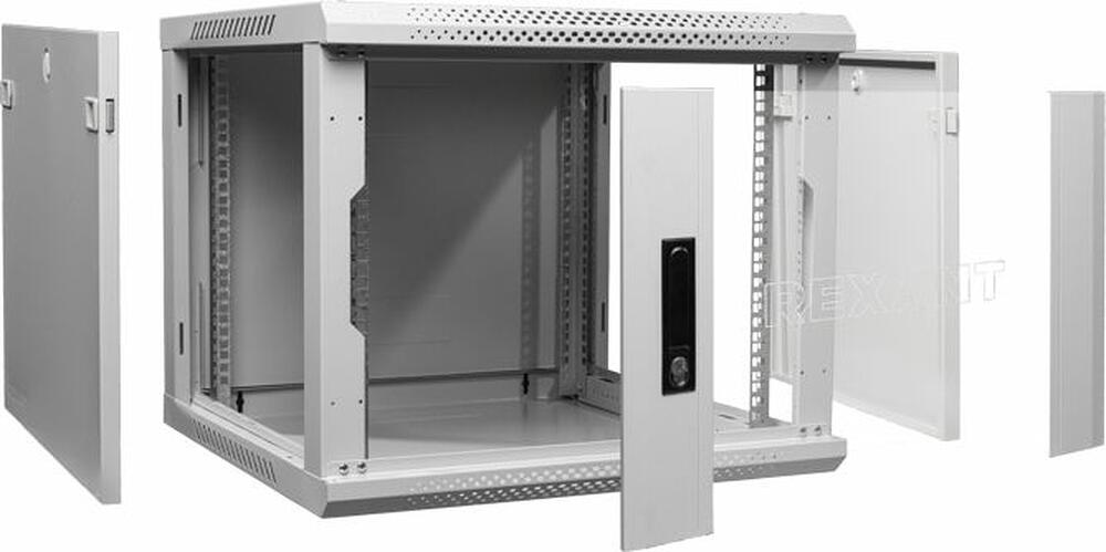 REXANT 04-0966-111 Настенный шкаф 19 quot; 9U 600×600×501 (ШxГxВ), дверь стекло, металлическая задняя стенка, боковые съемные стенки, RAL 7035 REXANT