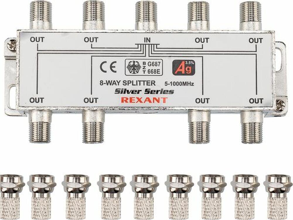 REXANT 05-6105 Делитель ТВх8 под F-разъем, 5-1000МГц, Silver (9 F-разъемов в комплекте) REXANT