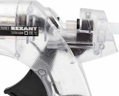REXANT 12-0107 Пистолет клеевой, 60Вт, Ø11мм, ПРОЗРАЧНЫЙ корпус, с кнопкой, блистер REXANT