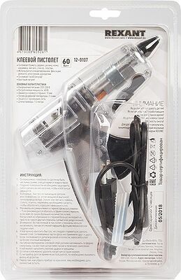 REXANT 12-0107 Пистолет клеевой, 60Вт, Ø11мм, ПРОЗРАЧНЫЙ корпус, с кнопкой, блистер REXANT