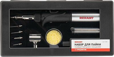 REXANT 12-0505 Паяльник-горелка с пьезоподжигом, газовый, 17мл, 6 насадок + припой + губка, коробка REXANT