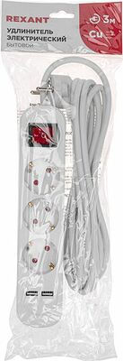 REXANT 13-4016 Удлинитель STANDARD 3 гнезда, 3м, 3х1,0мм², с/з, с выключателем, 2 USB, белый REXANT