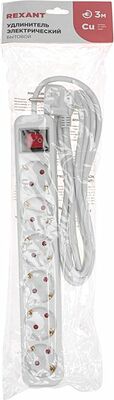 REXANT 13-4047 Удлинитель STANDARD 6 гнезд, 3м, 3х1,0мм², с/з, с выключателем, белый REXANT