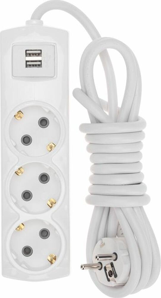 REXANT 13-4110 Удлинитель PREMIUM 3 гнезда, 3м, 3х1,5мм², с/з, 2 USB, белый REXANT