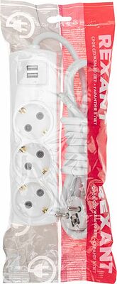 REXANT 13-4110 Удлинитель PREMIUM 3 гнезда, 3м, 3х1,5мм², с/з, 2 USB, белый REXANT