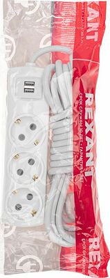 REXANT 13-4111 Удлинитель PREMIUM 3 гнезда, 5м, 3х1,5мм², с/з, 2 USB, белый REXANT