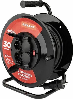 REXANT 13-5014 Удлинитель силовой КГ на катушке 4 гнезда, с/з, 30м, 3х2,5мм², IP44 с термозащитой, c защитными крышками, металлическая катушка REXANT