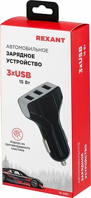 REXANT 16-0291 Зарядное устройство в прикуриватель REXANT 3 x USB, 1000mA, черное