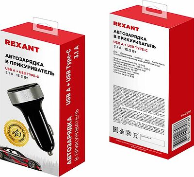 REXANT 18-2226 Автозарядка в прикуриватель REXANT АЗУ USB-A+USB-C, 3.1 A черная