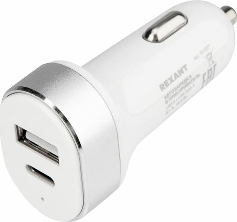 REXANT 18-2227 Автозарядка в прикуриватель REXANT АЗУ USB-A+USB-C, 3.1 A белая