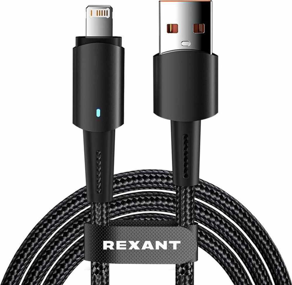REXANT 18-7058 Кабель USB-A – Lightning, 2,4А, 1м, в черной нейлоновой оплетке, со световой индикацией REXANT
