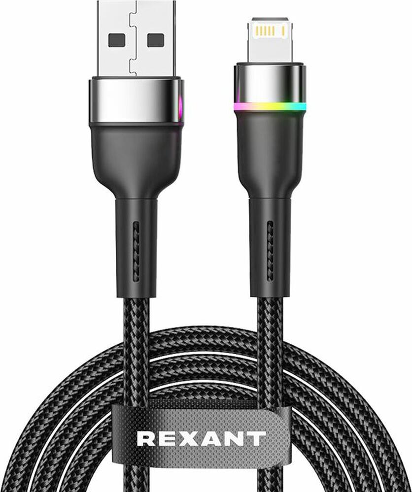 REXANT 18-7059 Кабель USB-A – Lightning, 2,4А, 1м, в черной нейлоновой оплетке, с LED-подсветкой REXANT
