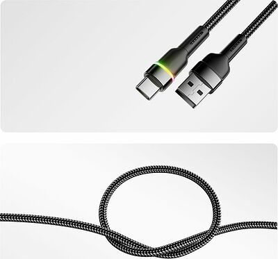 REXANT 18-7065 Кабель USB-A – Type-C, 3А, 18Вт, 1м, в черной нейлоновой оплетке, с LED подсветкой REXANT