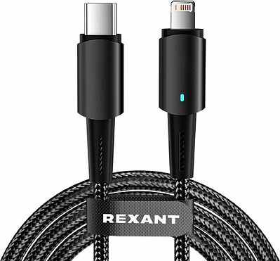 REXANT 18-7069 Кабель Type-C – Lightning, 3А, 1м, в черной нейлоновой оплетке, со световой индикацией REXANT