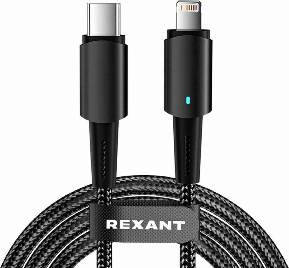 REXANT 18-7069 Кабель Type-C – Lightning, 3А, 1м, в черной нейлоновой оплетке, со световой индикацией REXANT