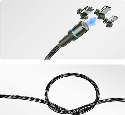 REXANT 18-7076 Кабель USB 3в1 со съемными магнитными портами, Type-С (2A), Lightning (2,4A), Micro USB (2A), 1,2м, в черной оплетке, с LED подсветкой REXANT