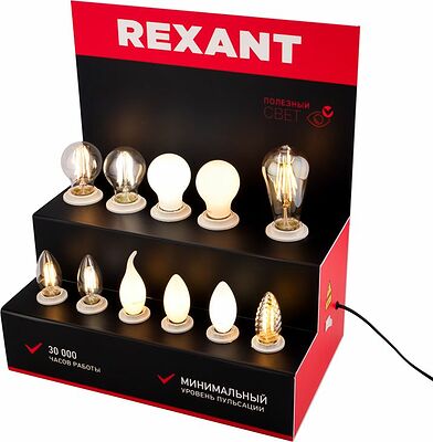 REXANT 604-802 Демо-тестер акриловый для ФИЛАМЕНТА, AC 220V, со шнуром питания 1,2м, с выключателем на корпусе, цоколи E14 E27 REXANT