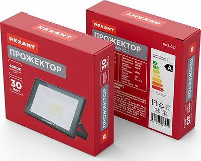 REXANT 605-032 Прожектор светодиодный СДО 30Вт 2400Лм 4000K нейтральный свет, черный корпус REXANT
